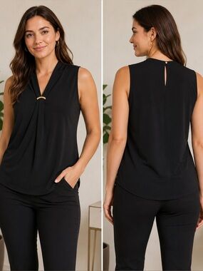 Premise Black Sleeveless Blouse with Gold Ring Detail | Size S | Career top